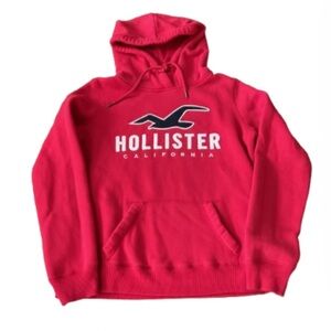 HOLLISTER Red Fleece Hoodie Pullover Sweatshirt Classic Logo Oversized Small